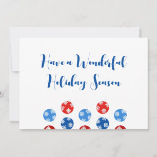 Kerstblauw en rode ornamenten met sneeuwvlokken feestdagenkaart