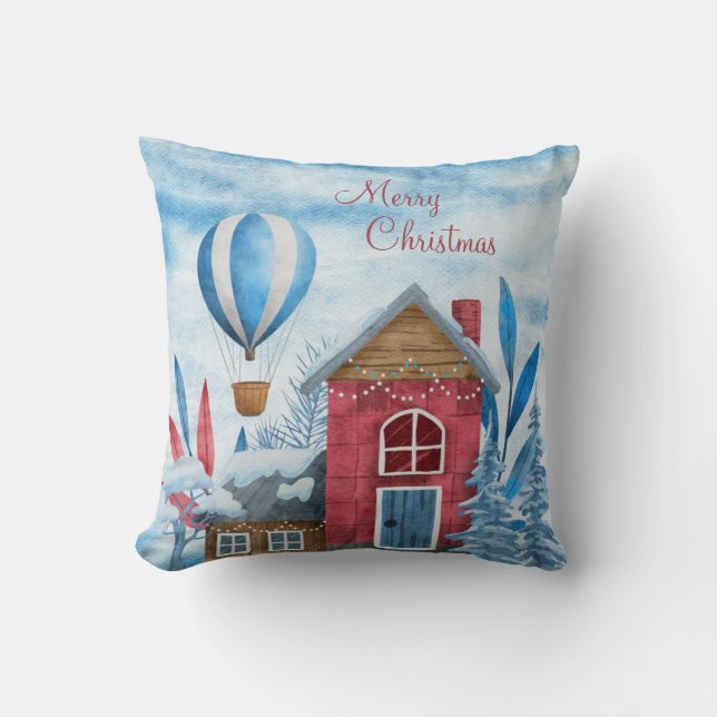 Kerstblauw en rood winterdorp & dieren kussen (Voorkant)