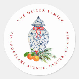 Kerstblauw en wit Ginger-adres Ronde Sticker