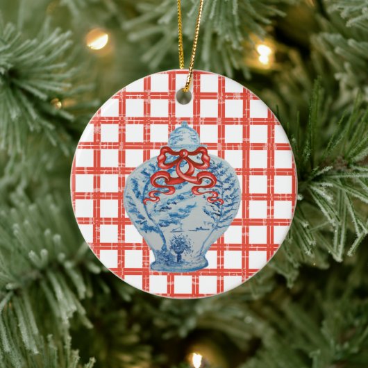 Kerstblauw en witte gember jar keramisch ornament (Boom)