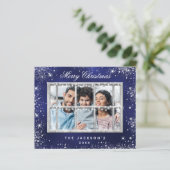 Kerstblauw glitter foto venster kaart (Staand voorkant)