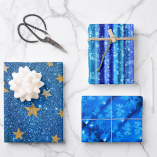 Kerstblauw Glitter Gold Stars, Floral Sparkle Inpakpapier Vel
