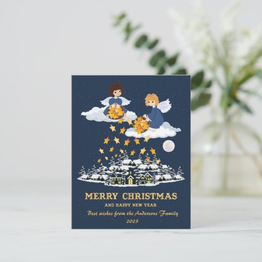 Kerstblauw gougel schattige kleine engeltjes feestdagenkaart