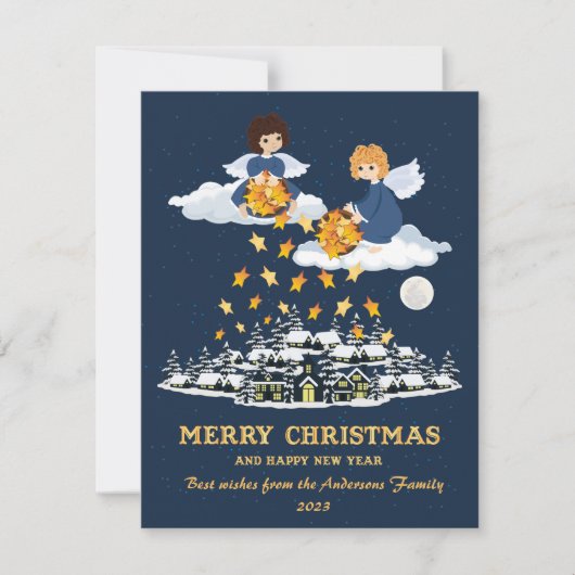 Kerstblauw gougel schattige kleine engeltjes feestdagenkaart (Voorkant)