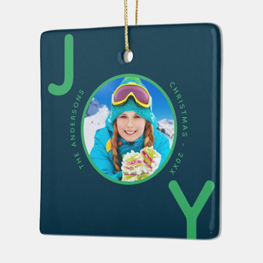 Kerstblauw Groene foto van familienaam Keramisch Ornament (Links)