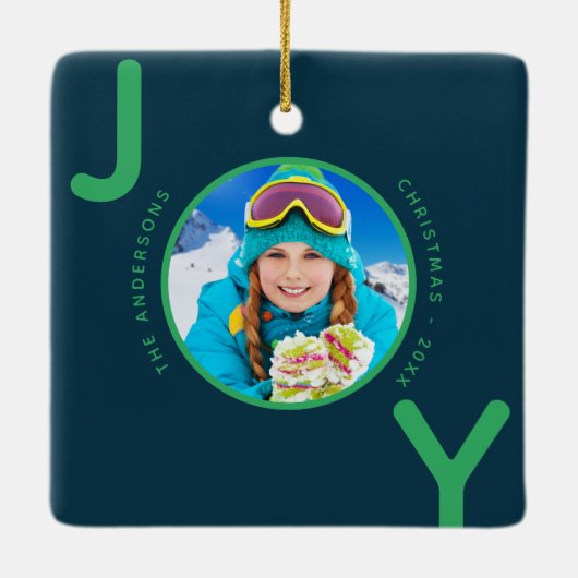 Kerstblauw Groene foto van familienaam Keramisch Ornament (Achterkant)