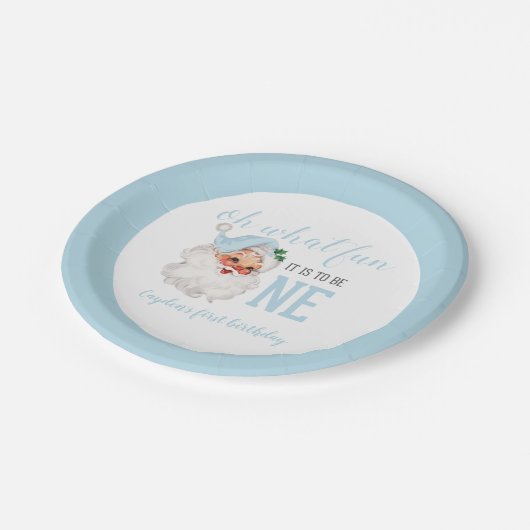 Kerstblauw Kerstman Eerste Verjaardag Papieren Bordje (Gekanteld)