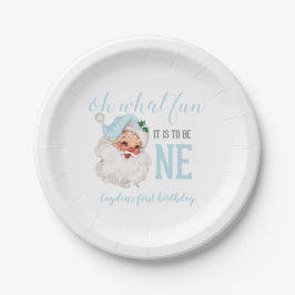 Kerstblauw Kerstman Eerste Verjaardag Papieren Bordje