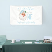Kerstblauw Kerstman Eerste Verjaardag Spandoek (Beurs)