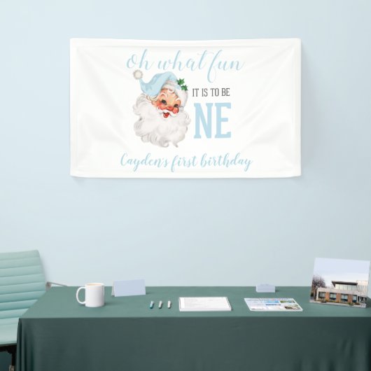 Kerstblauw Kerstman Eerste Verjaardag Spandoek (Beurs)