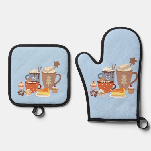 kerstblauw koffiestijl ovenwant & pannenlap set (Voorkant)