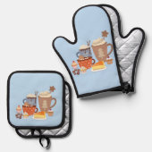 kerstblauw koffiestijl ovenwant & pannenlap set (Voorkant / Achterkant)