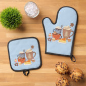 kerstblauw koffiestijl ovenwant & pannenlap set (Top down)