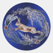 Kerstblauw konijn-Floral-Waterverf Ronde Sticker (Voorkant)