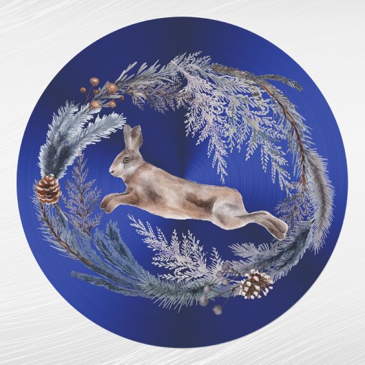 Kerstblauw konijn-Floral-Waterverf Ronde Sticker