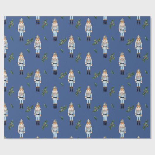 Kerstblauw Nutkraker en Holly Berry Branches Cadeaupapier (Vlak)