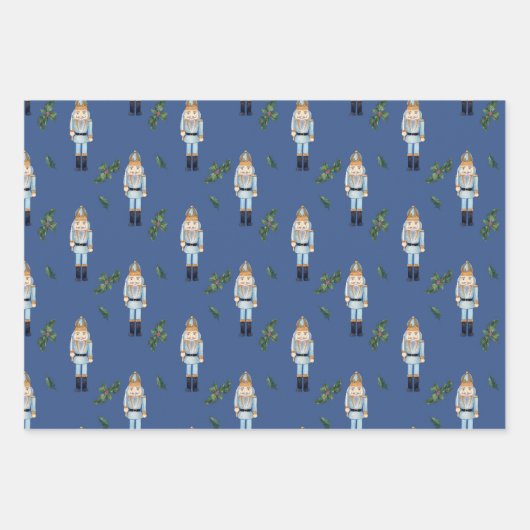 Kerstblauw Nutkraker en Holly Berry Branches Inpakpapier Vel (Voorkant 2)