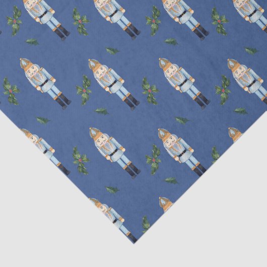 Kerstblauw Nutkraker en Holly Berry Branches Tissuepapier (Detail)