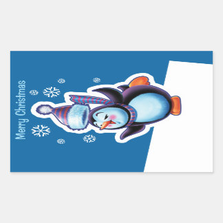 Kerstblauw rechthoekige sticker Penguin skater.
