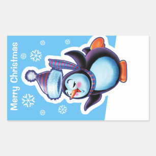 Kerstblauw rechthoekige sticker Penguin skater.