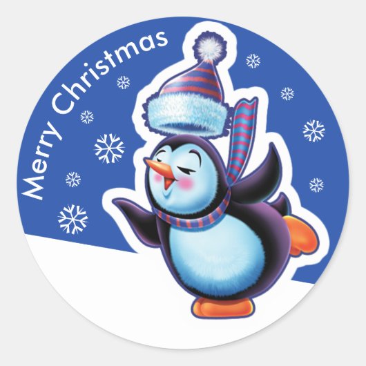 Kerstblauw rond sticker Pinguïn schaatsen. (Voorkant)