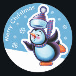 Kerstblauw rond sticker Pinguïn schaatsen.<br><div class="desc">Kerst helderblauw rond sticker Pinguïn schaatsen en andere Snowfolk. Winter Wonderland sneeuwpoppen. Lieflijke winterse personages met schaatspinguïns, sleeën sneeuwmeisjes, skiën sneeuwpoppen en schaatsen sneeuwpoppen : ) Bekijk ook de bijpassende Lovable winterse sneeuwpoppen en sneeuwmeisje personages spelen hun instrumenten in een kerstband. Een mooie geïllustreerde originele decoratie om je cadeaus op...</div>