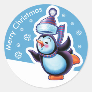 Kerstblauw rond sticker Pinguïn schaatsen.