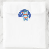 Kerstblauw rond sticker Snowman drummer. (Tas)