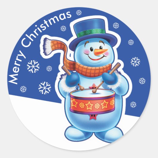 Kerstblauw rond sticker Snowman drummer. (Voorkant)