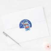 Kerstblauw rond sticker Snowman drummer. (Envelop)
