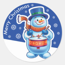 Kerstblauw rond sticker Snowman drummer.