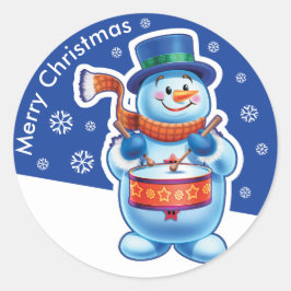 Kerstblauw rond sticker Snowman drummer.