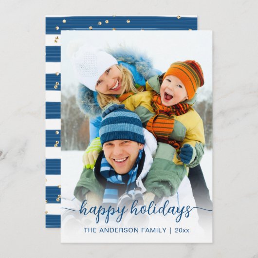 Kerstblauw script, foto fijn feestdagenkaart (Voorkant / Achterkant)