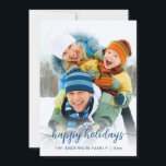 Kerstblauw script, foto fijn feestdagenkaart<br><div class="desc">Deze feestelijke kaart kenmerkt u favoriete foto met witte ombre bekleding en manuscripttekst "prettige feestdagen"met uw familienaam en jaar onderaan. Op de achterzijde staan blauwe strepen en gouden confetti. Eenvoudig aan te passen door op Personaliseren te klikken. Ideaal voor het sturen van vakantievrome wensen naar vrienden en familie.</div>