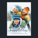 Kerstblauw script, foto fijn feestdagenkaart<br><div class="desc">Deze feestelijke kaart kenmerkt u favoriete foto met witte ombre bekleding en manuscripttekst "prettige feestdagen"met uw familienaam en jaar onderaan. Op de achterzijde staan blauwe strepen en gouden confetti. Eenvoudig aan te passen door op Personaliseren te klikken. Ideaal voor het sturen van vakantievrome wensen naar vrienden en familie.</div>