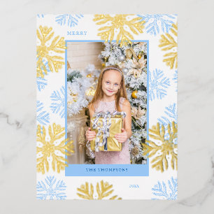 Kerstblauw Snowflake-lijst licht Folie Feestdagen Briefkaart