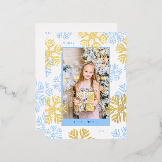Kerstblauw Snowflake-lijst licht Folie Feestdagen Briefkaart (Voorkant / Achterkant)
