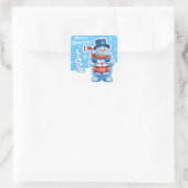 Kerstblauw vierkant sticker Snowman drummer. (Tas)