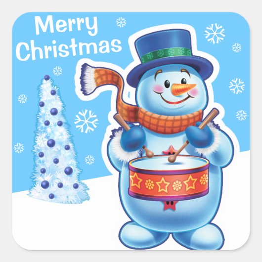 Kerstblauw vierkant sticker Snowman drummer. (Voorkant)