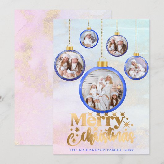 Kerstblauw Waterverf 5 Foto Ornament Feestdagenkaart (Voorkant / Achterkant)