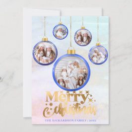 Kerstblauw Waterverf 5 Foto Ornament Feestdagenkaart