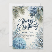 Kerstblauw Winter Bloemen Feestdagenkaart (Voorkant)