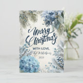 Kerstblauw Winter Bloemen Feestdagenkaart (Staand voorkant)