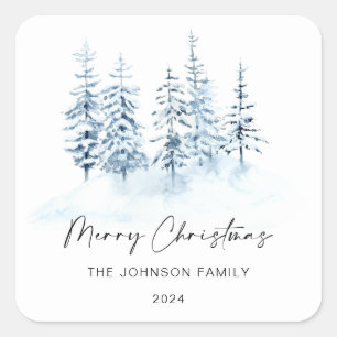 Kerstblauw Winter Bos Rustiek Landschap Vierkante Sticker