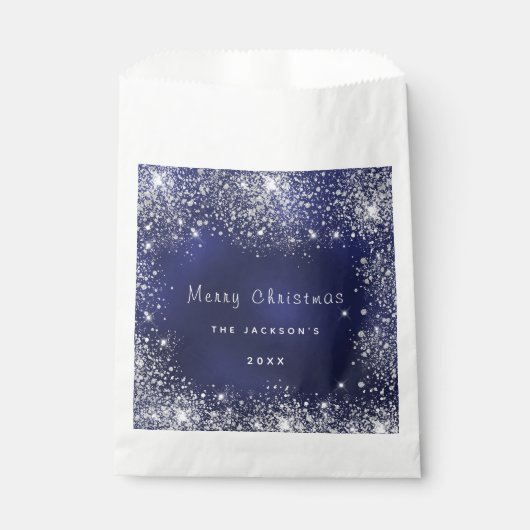 Kerstblauw wit glitterstof zilver bedankzakje (Voorkant)