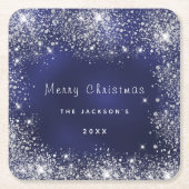 Kerstblauw wit glitterstof zilver kartonnen onderzetters (Voorkant)