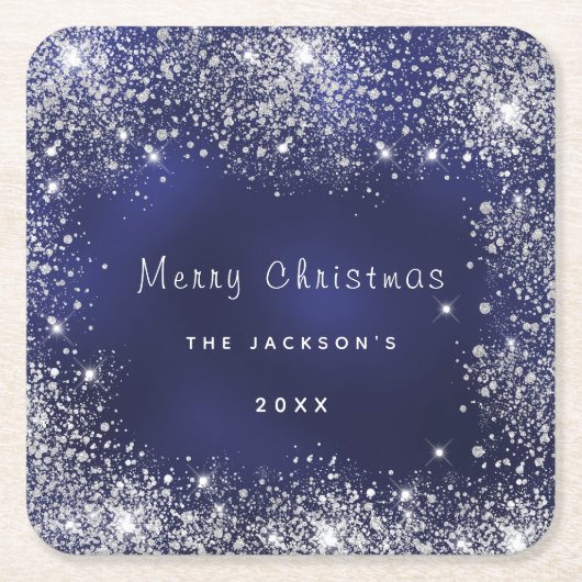 Kerstblauw wit glitterstof zilver kartonnen onderzetters (Voorkant)