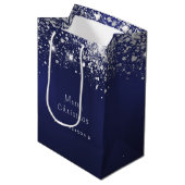 Kerstblauw wit glitterstof zilver medium cadeauzakje (Voorkant Gekanteld)