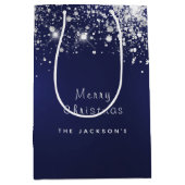 Kerstblauw wit glitterstof zilver medium cadeauzakje (Voorkant)