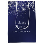 Kerstblauw wit glitterstof zilver medium cadeauzakje (Achterkant)